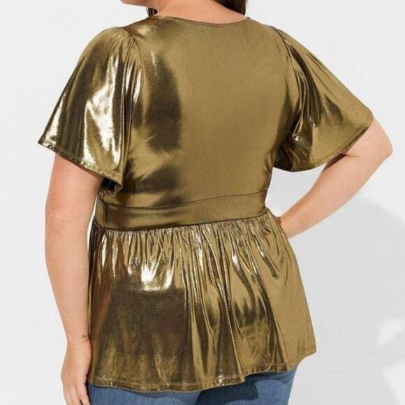 Torrid Women's Plus Size Gold Liquid Shine Surplice Peplum Top - Picture 3 of 5